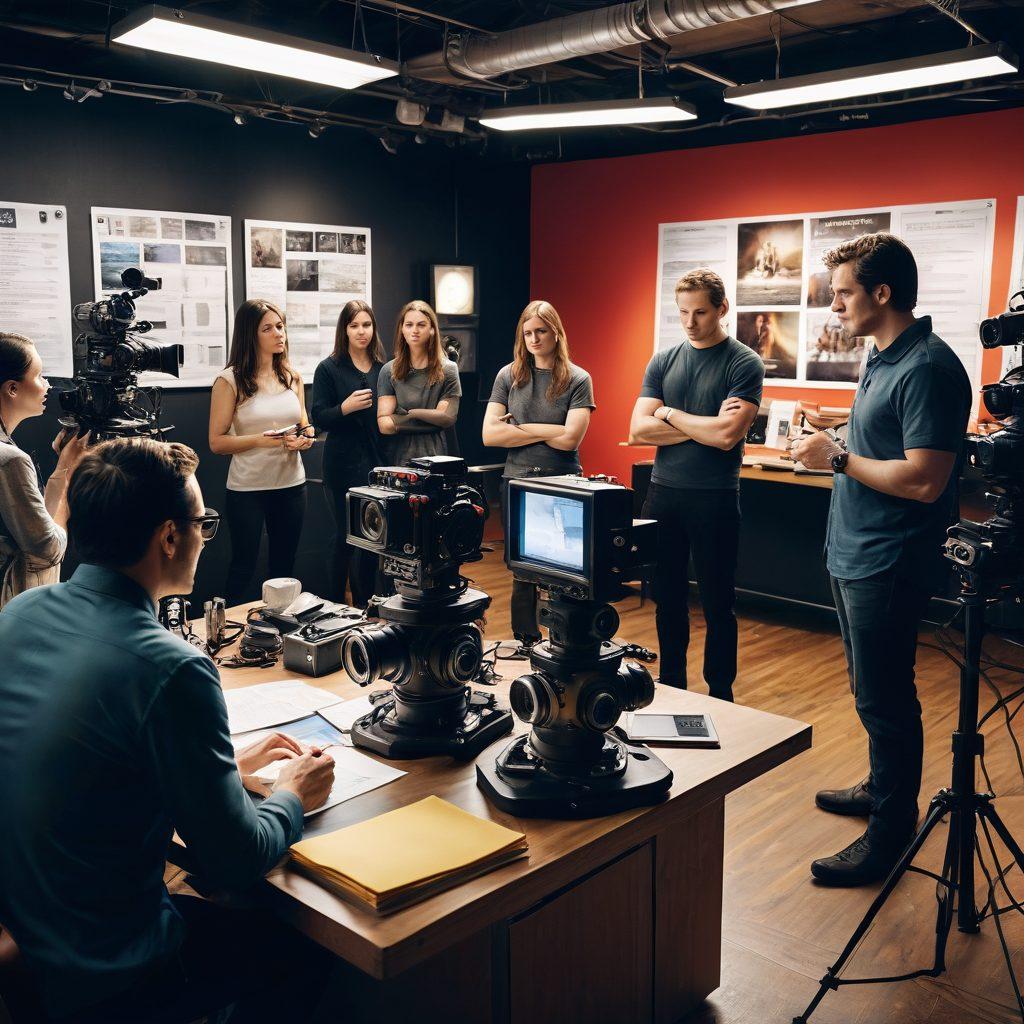 A dynamic film set scene showcasing a diverse group of filmmakers discussing insurance documents, surrounded by cameras, lights, and props. In the background, a large movie poster displays the phrase 'Theatrical Insurance' cleverly integrated. The atmosphere should convey collaboration and creativity while highlighting the importance of insurance in film production. Set against a vibrant, bustling studio environment, featuring film reels and award trophies. super-realistic. vibrant colors. 3D.