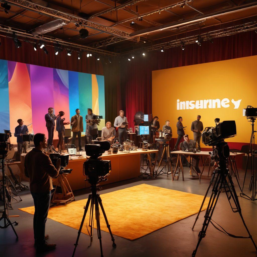 A dynamic film set in action, showcasing a diverse group of filmmakers discussing insurance policies, with film equipment and a backdrop of vibrant scenes being filmed. Include elements like film reels, scripts, and a checklist of essential insurance types, emphasizing teamwork and creativity. Stir in a mixture of excitement and professionalism, illustrated through warm lighting. 3D. vibrant colors.