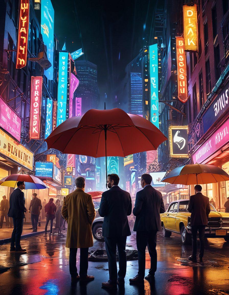 A vivid depiction of a movie set surrounded by various insurance symbols like shields and checkmarks, blending elements of creativity and safety. Show filmmakers discussing plans under a large protective umbrella, with a cinematic backdrop of cameras and lights. Incorporate a thoughtful mix of excitement and caution, emphasizing the dual nature of risk in the film industry. Cinematic style. vibrant colors. digital art.